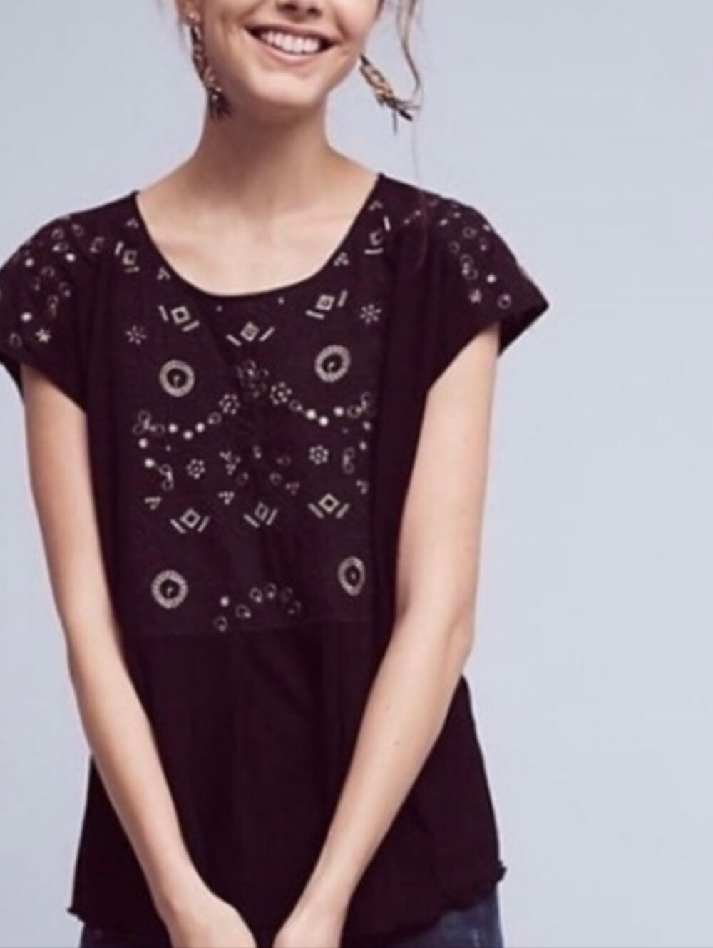 Anthropologie Akemi + Kin black and gold thread and embroidered detail top